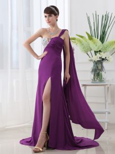 Purple One Shoulder Neckline Beading and Sashes ribbons Prom Dress Sleeveless Zipper