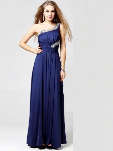 Romantic Blue Prom Gown Prom and Party and For with Beading and Ruching One Shoulder Sleeveless Side Zipper