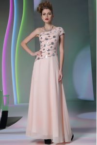 Flare Baby Pink One Shoulder Neckline Beading and Appliques Prom Party Dress Cap Sleeves Side Zipper