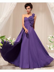 One Shoulder Sleeveless Homecoming Dress Floor Length Hand Made Flower Purple Chiffon