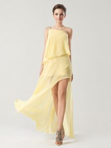Classical Column/Sheath Cocktail Dress Yellow One Shoulder Chiffon Sleeveless High Low Zipper