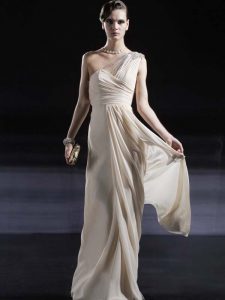 One Shoulder Floor Length Column/Sheath Sleeveless Champagne Prom Dresses Criss Cross