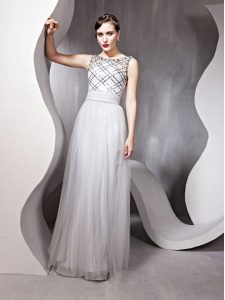 Clearance Scoop Floor Length Zipper Prom Dresses Silver for Prom and Party with Beading