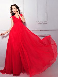 Captivating Sleeveless Chiffon Floor Length Zipper Prom Evening Gown in Coral Red with Lace