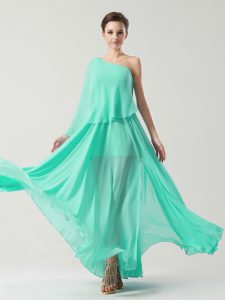 One Shoulder Turquoise Sleeveless Ruching Ankle Length Cocktail Dress