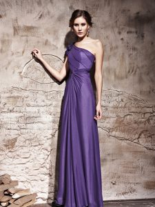 One Shoulder Cap Sleeves Chiffon Floor Length Side Zipper Prom Dress in Purple with Ruching