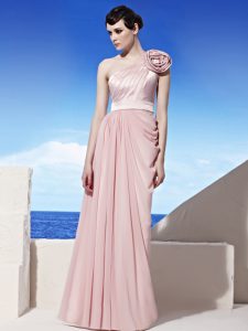 Fitting One Shoulder Ruching and Hand Made Flower Prom Party Dress Pink Side Zipper Sleeveless Floor Length