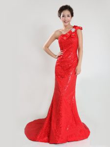 Top Selling One Shoulder Coral Red Sleeveless Sequins and Bowknot Zipper Evening Dress