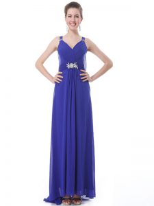 Blue Sleeveless Chiffon Brush Train Side Zipper Dress for Prom for Prom and Party