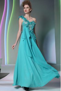 Popular Teal Column/Sheath One Shoulder Sleeveless Chiffon Floor Length Side Zipper Lace and Hand Made Flower Dress for 