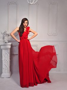Latest One Shoulder Sleeveless With Train Hand Made Flower Lace Up with Red Court Train
