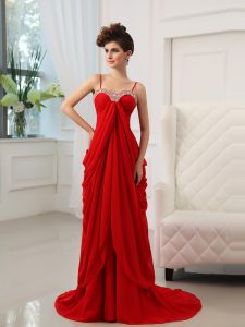 Chic Red Sleeveless Chiffon Brush Train Zipper Homecoming Dress for Prom and Party
