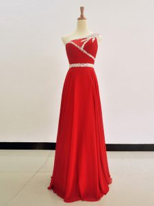 One Shoulder Red Sleeveless Floor Length Beading Zipper Celebrity Prom Dress