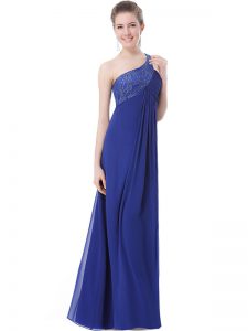 Custom Design One Shoulder Blue Criss Cross Celebrity Style Dress Beading Sleeveless Floor Length