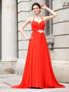 Romantic Coral Red Homecoming Dress Prom and Party and For with Beading Spaghetti Straps Sleeveless Brush Train Zipper