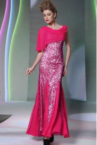 Scoop Hot Pink Mermaid Beading Celebrity Dress Zipper Tulle Sleeveless Floor Length