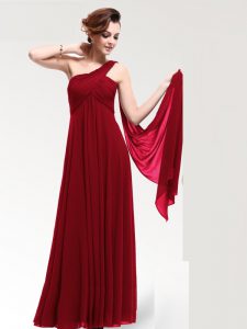 One Shoulder Wine Red Sleeveless Ruching Floor Length Evening Gowns