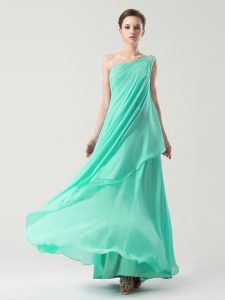 Extravagant Turquoise Column/Sheath One Shoulder Sleeveless Chiffon Ankle Length Side Zipper Beading and Ruching Prom Go