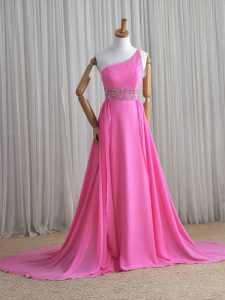 One Shoulder Sleeveless Homecoming Dress Brush Train Beading Rose Pink Chiffon