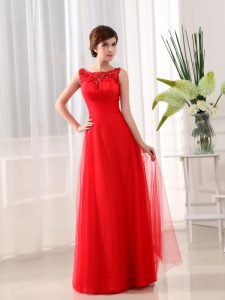 Coral Red Tulle Zipper Scoop Sleeveless Floor Length Evening Gowns Beading and Appliques