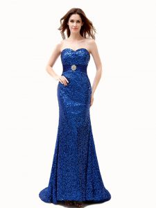 Mermaid Royal Blue Lace Up Prom Dresses Beading and Belt Sleeveless With Brush Train