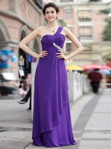 Purple Column/Sheath Chiffon One Shoulder Sleeveless Beading Floor Length Zipper Prom Gown