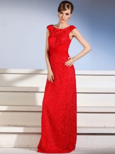 Free and Easy Bateau Sleeveless Prom Evening Gown Floor Length Lace Red Lace