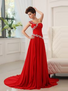 Exquisite Red Column/Sheath Chiffon One Shoulder Sleeveless Beading and Ruching With Train Zipper Prom Gown Sweep Train