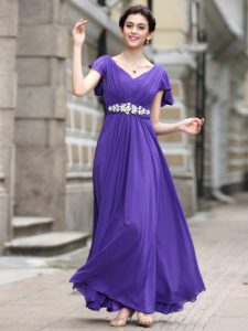V-neck Cap Sleeves Zipper Dress for Prom Purple Chiffon