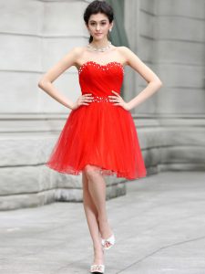 Hot Sale Sleeveless Chiffon Knee Length Zipper Prom Dresses in Coral Red with Beading