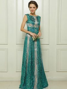Scoop Floor Length Teal Homecoming Dress Tulle Sleeveless Beading and Sequins