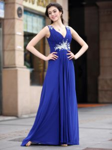 Free and Easy Sleeveless Chiffon Floor Length Zipper Celebrity Prom Dress in Blue with Beading and Appliques and Ruching