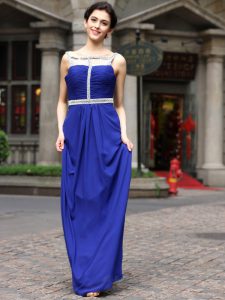 Square Sleeveless Dress for Prom Floor Length Beading Royal Blue Chiffon