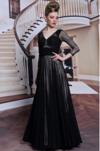 Column/Sheath Prom Gown Black V-neck Chiffon 3 4 Length Sleeve Floor Length Zipper