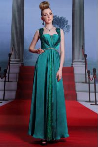 Peacock Green Elastic Woven Satin Zipper Sweetheart Sleeveless Ankle Length Prom Dress Beading and Lace