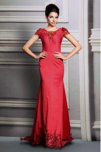 Inexpensive Scoop Appliques Prom Evening Gown Red Clasp Handle Short Sleeves Court Train