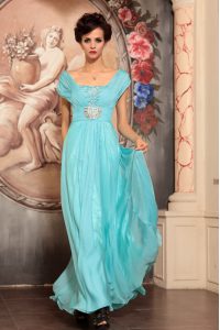 Off the Shoulder Floor Length Column/Sheath Cap Sleeves Aqua Blue Prom Gown Side Zipper