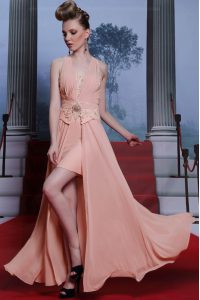 Floor Length Pink Prom Party Dress Chiffon Sleeveless Beading and Appliques