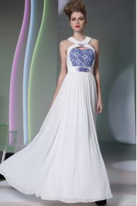 Halter Top Floor Length Zipper Dress for Prom White for Prom and Party with Beading and Embroidery