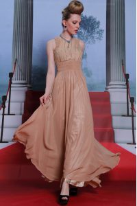 Scoop Sleeveless Floor Length Beading and Sequins and Ruching Clasp Handle Homecoming Dress with Peach