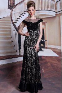 Scoop Cap Sleeves Zipper Prom Gown Black Lace