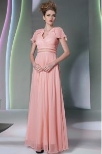 Pink Chiffon Side Zipper Prom Dresses Cap Sleeves Floor Length Beading and Ruching