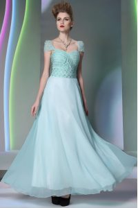 Simple Cap Sleeves Floor Length Beading and Lace Side Zipper Prom Dress with Light Blue