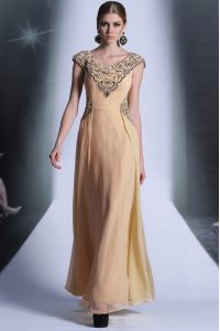 Perfect Peach Scoop Neckline Beading and Appliques Prom Dress Cap Sleeves Side Zipper