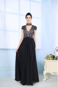 Beading and Lace Prom Homecoming Dress Black Zipper Short Sleeves Floor Length