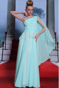 One Shoulder Lace and Ruching Prom Gown Turquoise Side Zipper Sleeveless Floor Length
