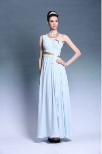 Glamorous One Shoulder Sleeveless Chiffon Floor Length Backless Prom Evening Gown in Light Blue with Ruching and Belt