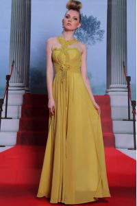 New Arrival Scalloped Gold Clasp Handle Evening Dress Appliques and Ruching Sleeveless Floor Length