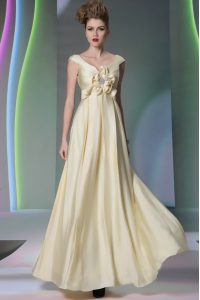 High Quality Light Yellow Side Zipper Scoop Beading and Ruching and Hand Made Flower Evening Dress Chiffon Cap Sleeves