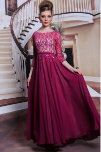 Fuchsia Zipper Prom Party Dress Lace and Sequins 3 4 Length Sleeve Floor Length